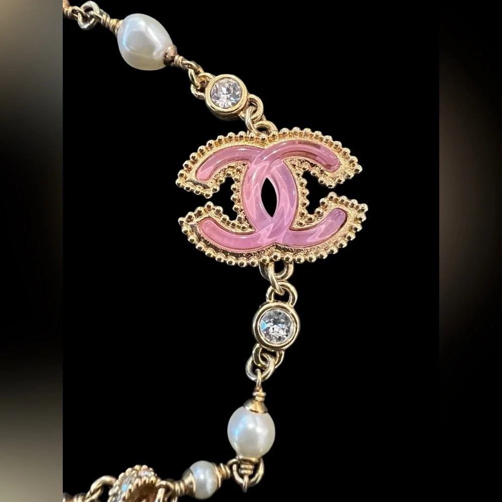CHANEL Gold Chain Necklace with Pink Enamel CC Strass and Pearl Accents - Picture 3 of 9